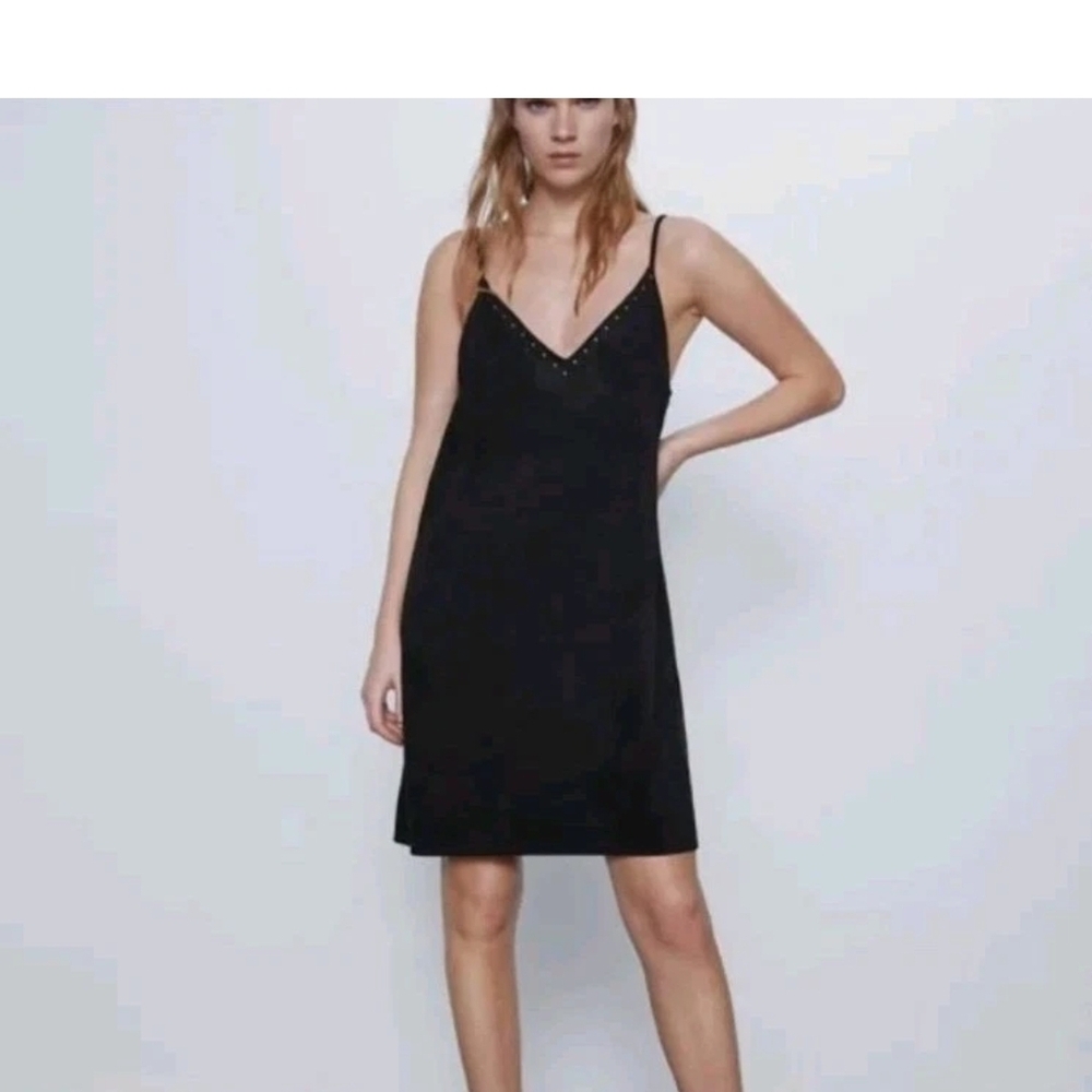 NWT Zara Studded Faux Suede Mini Dress Black Small